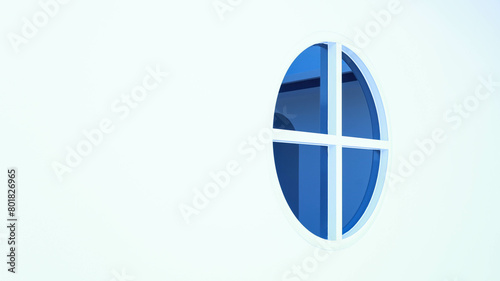 Round window on a white wall. Modern building design concept on white wall background with copy space with selective focus.