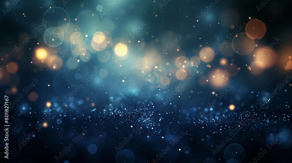 Obraz premium Festive celebration holiday christmas, new year, new year's eve banner template illustration - Abstract gold bokeh lights on dark blue background texture, de-focused. 