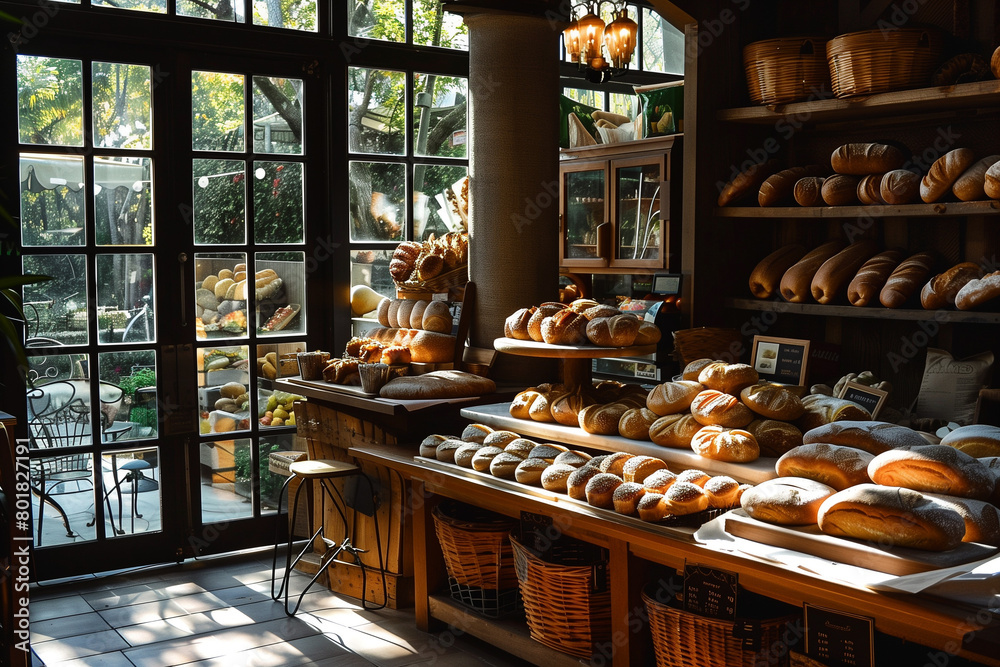 Artisan bakery with fresh bread on display, warm and inviting atmosphere