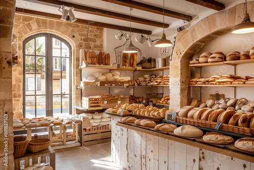 Artisan bakery with fresh bread on display, warm and inviting atmosphere