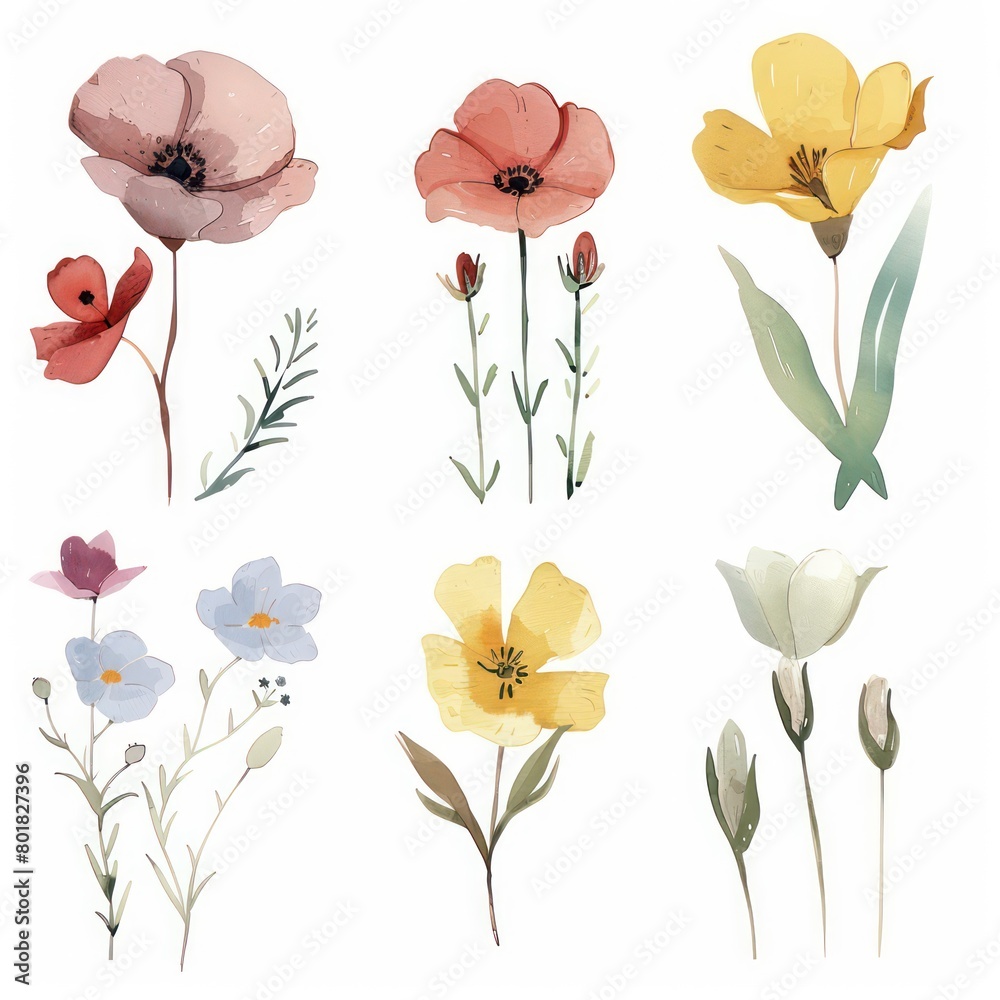 spring flowers watercolor texture, simple plain white background