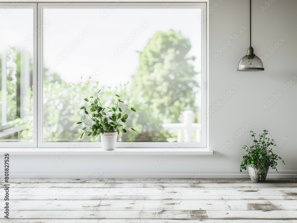 Fototapeta premium Minimalist interior design composition with natural window light and indoor plants.