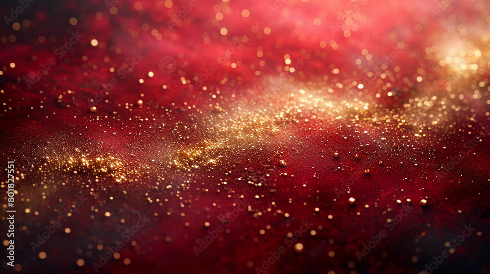 Red and gold festival sand powder and sprinkles for a holiday celebration like christmas new year. shiny lights. isolated wallpaper background. 