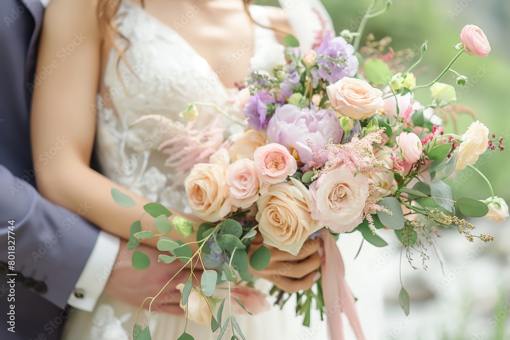 close-up shot of the bride's bouquet, showcasing pastel flowers . bride holding it in hand, standing next to the groom