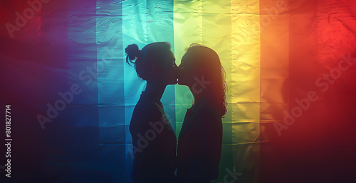 Two people kissing in front of a rainbow background