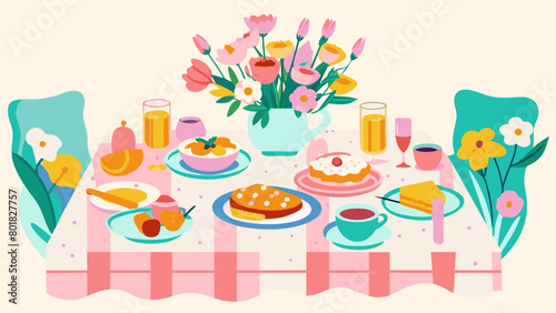 Colorful Spring Brunch Setup with Fresh Flowers and Festive Food