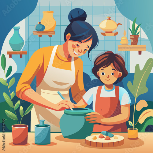 Family Bonding Time: Mother and Child Cooking Together in Kitchen © Oksa Art