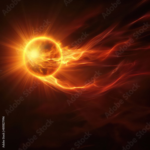 sun in natural form glowing bright and red yellow on a dark background