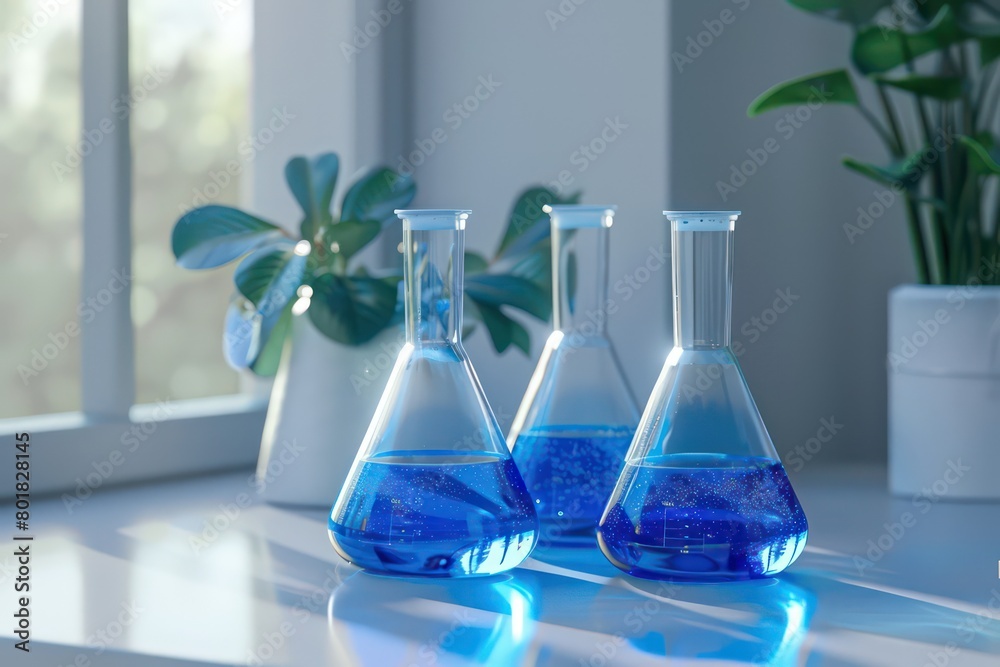 laboratory beakers with blue liquid laboratory beakers with blue liquid