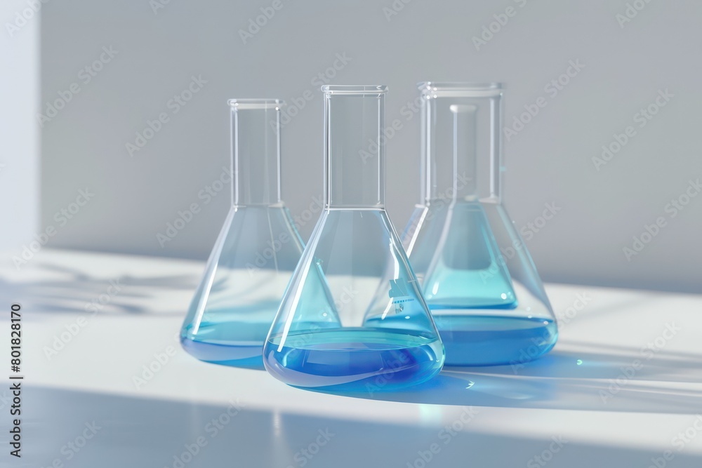 laboratory beakers with blue liquid