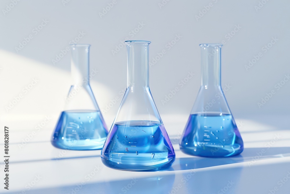 laboratory beakers with blue liquid