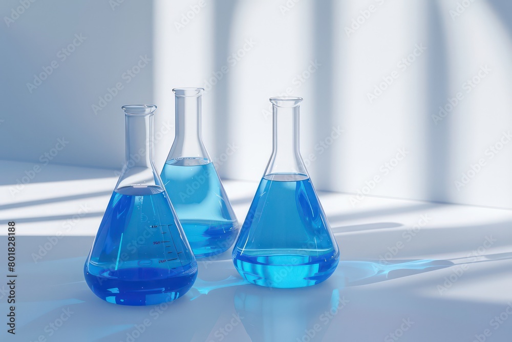 laboratory beakers with blue liquid