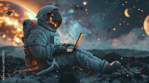 A man in a spacesuit is sitting on the ground with a laptop in front of him