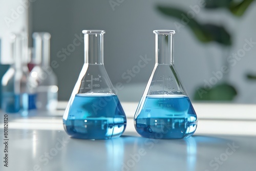 laboratory beakers with blue liquid