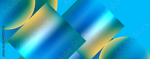 A symmetrical pattern of squares and circles in tints and shades of blue and yellow, creating a liquidlike effect on an azure background