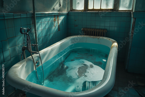 The abandoned retro sanitarium bathroom features a bathtub filled with stagnant water, evoking a sense of horror movie atmosphere. photo