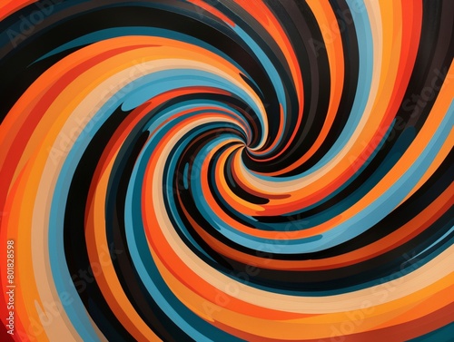 A dynamic abstract spiral in vibrant orange, blue, and black hues evoking motion.