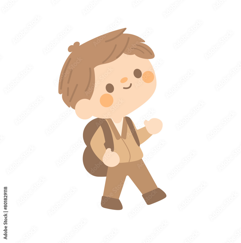 Obraz premium cute students going to school with backpacks. kids going to elementary. brown hair boy wear brown uniform go to Kindergarten School children. vector illustration hand draw.