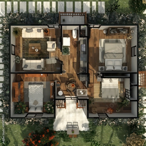 floor plan with 2 bed rooms on one side of the house