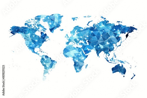 world map made of triangle polygons bright blue on white background