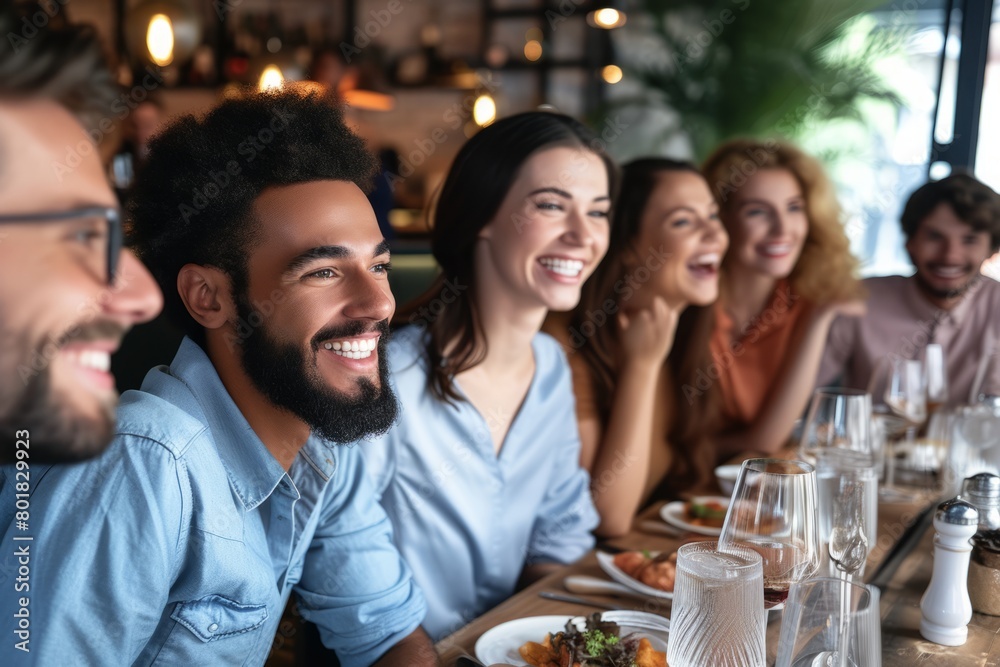 Group of cheerful young people having dinner in restaurant. Cheerful men and women looking at each other and smiling. Communication concept
