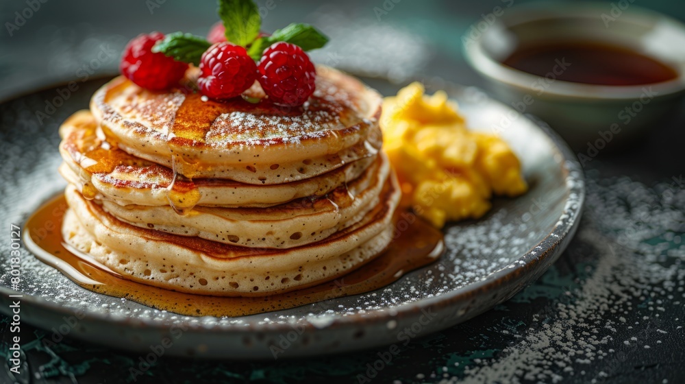Pancakes make a delicious breakfast served with scrambled eggs and fruit and Syrup.