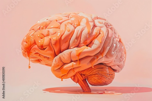 A brain covered in pink goo. The brain is sitting on a table. The goo is dripping off the brain. photo