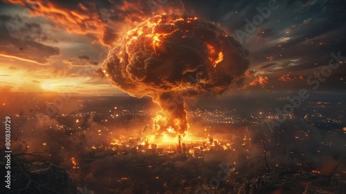 A large, fiery explosion is depicted in the sky above a city