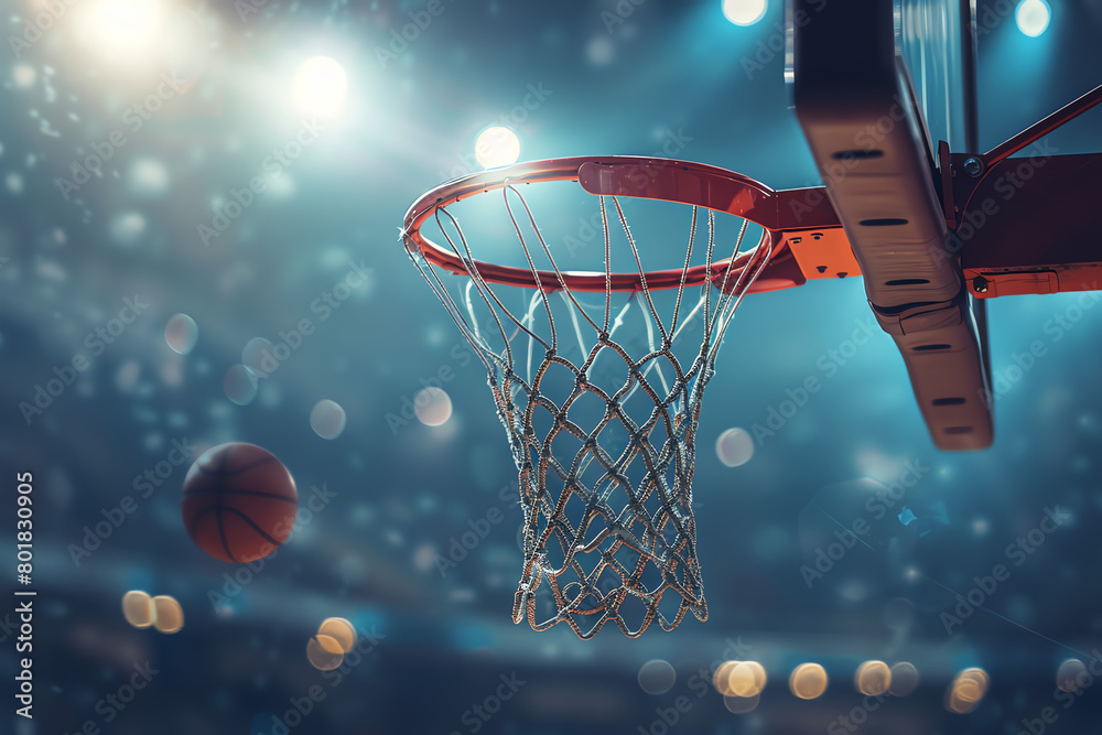 A basketball swishing through the net during a night game under bright arena lights