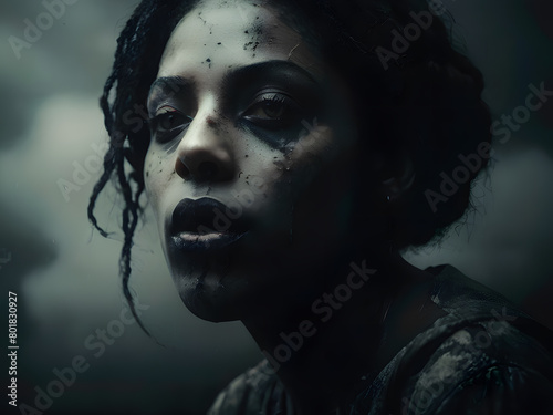 a black and white photo of a woman with black eyes and a black background