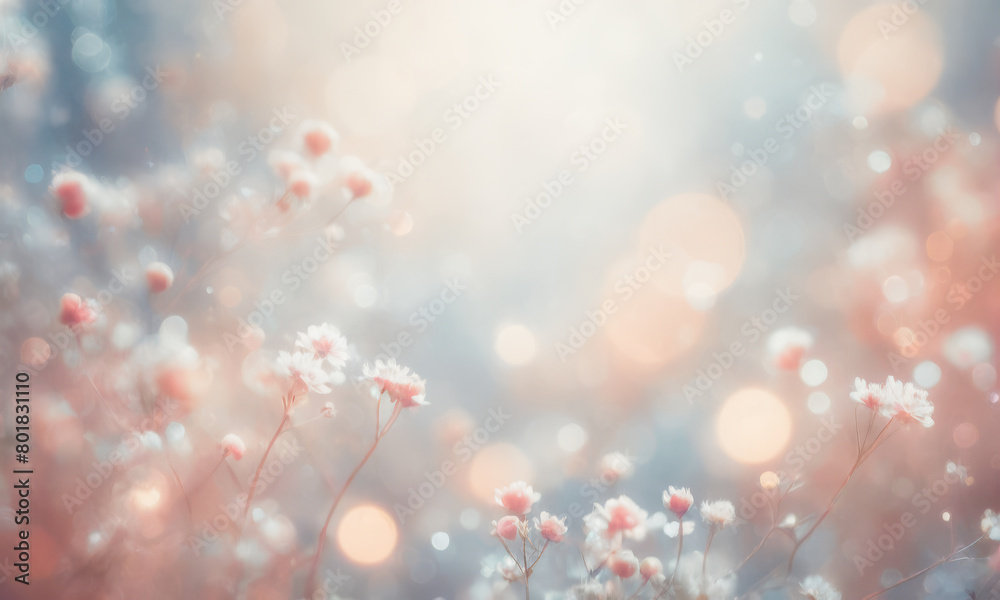 やさしいキラキラと光に包まれた小花と玉ボケのふんわりした背景イメージ Soft background image of small flowers and ball blur surrounded by gentle glitter and light