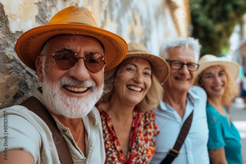 Group of happy senior people walking in the city. Elderly people lifestyle. © Iigo