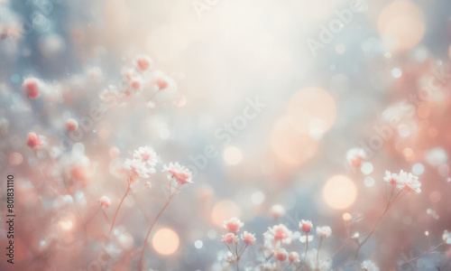やさしいキラキラと光に包まれた小花と玉ボケのふんわりした背景イメージ Soft background image of small flowers and ball blur surrounded by gentle glitter and light