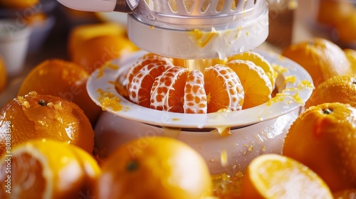 A handpressed juicer is hard at work turning fresh oranges into a deliciously sweet juice. photo