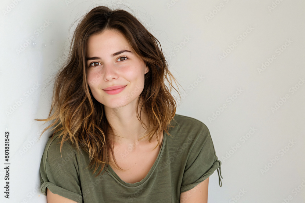 portrait of smiling woman with brown hair, wearing a green tshirt on a white background, looking at the camera in a half body shot portrait of smiling woman with brown hair, wearing a green tshirt on a white background, looking at the camera in a half body shot
