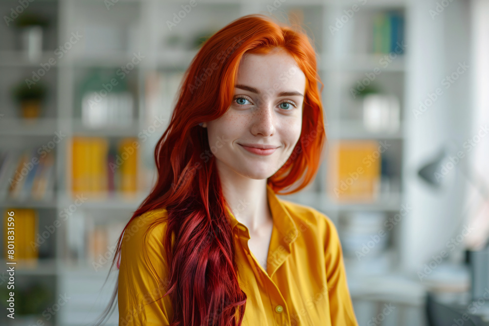 portrait of beautiful young business woman with red hair in yellow shirt looking at camera smiling, standing near white bookcase portrait of beautiful young business woman with red hair in yellow shirt looking at camera smiling, standing near white bookcase