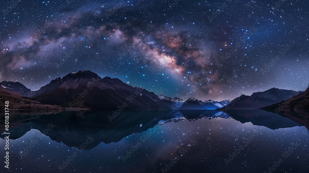 A sweeping vista of the Milky Way stretches across the night sky, illuminating a serene lake below with millions of stars reflecting on its glassy surface