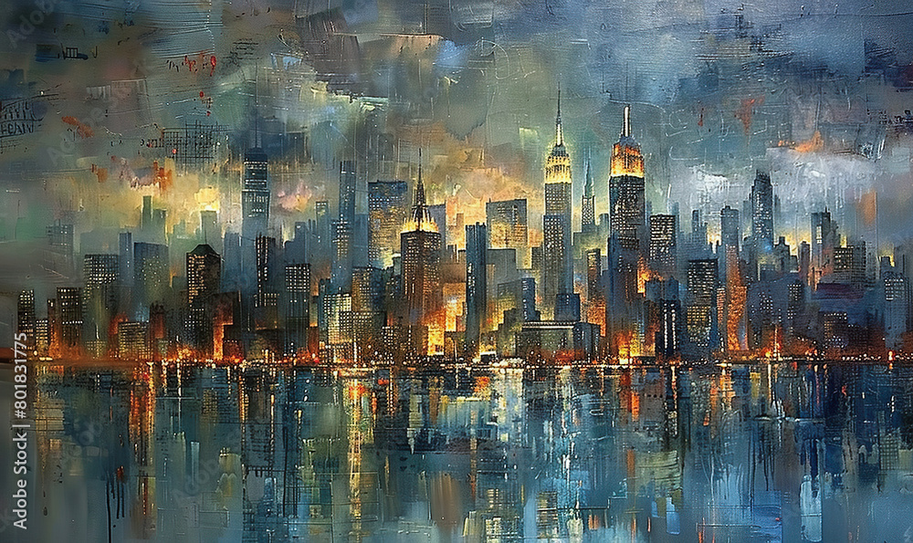 A digital artwork showcasing a city skyline at sunset, with reflections on the water. Generate AI