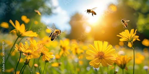 A close shot of bees flying in the air over flower garden and collecting honey among woods with a big space for text or product advertisement background, Generative AI. © Electric Wolf