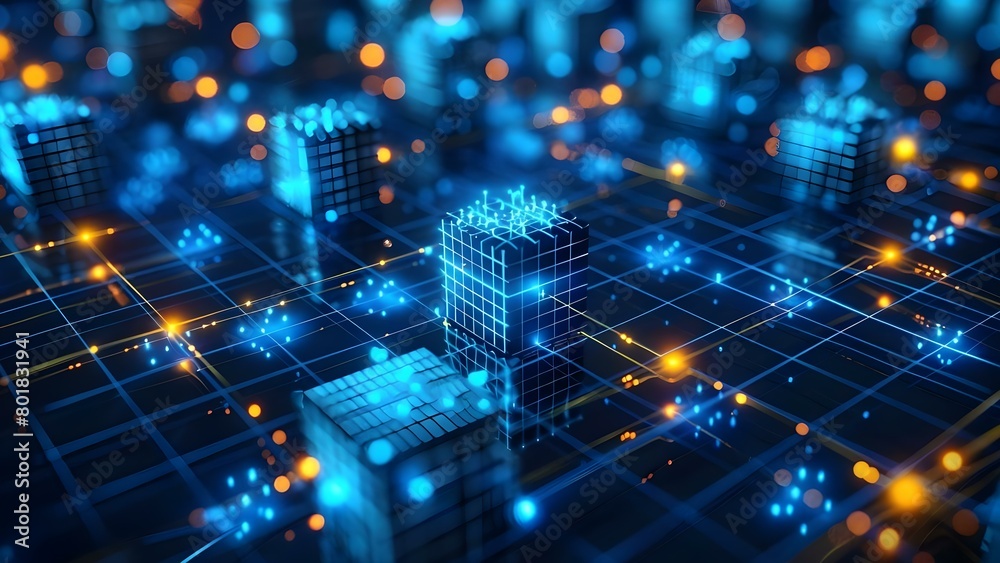 Neon blockchain network with glowing cubes on virtual grid background in blue . Concept Technology, Blockchain, Neon, Virtual Reality, Design Neon blockchain network with glowing cubes on virtual grid background in blue . Concept Technology, Blockchain, Neon, Virtual Reality, Design