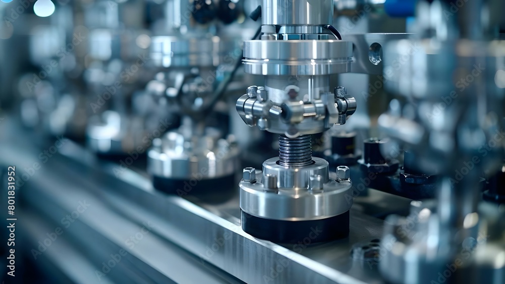 Closeup image of chromatography pump showcasing intricate mechanical parts for fluid control. Concept Mechanical Engineering, Chromatography Pump, Fluid Control, Precision Equipment