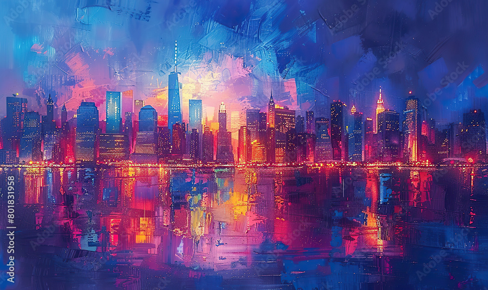 A digital artwork showcasing a city skyline at sunset, with reflections on the water. Generate AI