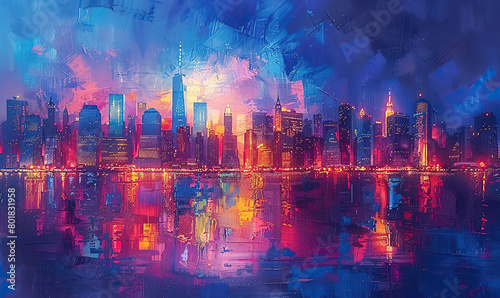 A digital artwork showcasing a city skyline at sunset  with reflections on the water. Generate AI