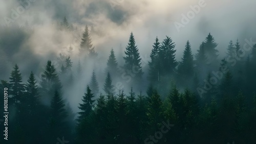 Enigmatic foggy forest at sunrise with closeup of mighty pine trees . Concept Enigmatic Forest  Foggy Sunrise  Mighty Pine Trees  Nature Photography  Closeup Captures