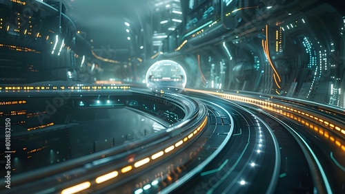 Cuttingedge magnetic levitation transport system in futuristic city with advanced infrastructure. Concept Future Technology, Urban Development, Transportation System, Magnetic Levitation photo