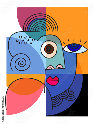  Colorful abstract face portrait cubism art style, decorative, line art hand drawn vector illustration. Aesthetic design for wall art, decoration, poster,card and cover.