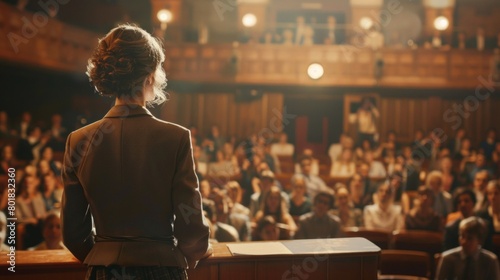 A woman stands at a podium in front of a large audience