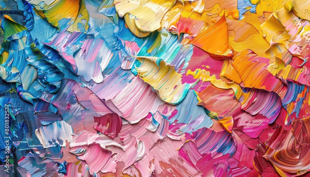 Fototapeta premium Fragment of multicolored texture painting. Abstract art background. oil on canvas. Rough brushstrokes of paint. Closeup of a painting by oil and palette knife. Highly-textured