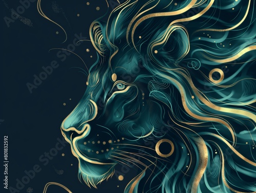Abstract artistic illustration of a lion in teal and gold colors with swirling patterns.