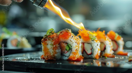 A person using a small blowtorch to lightly sear the top of a sushi roll adding both depth of flavor and a dramatic presentation to their homemade masterpiece. photo
